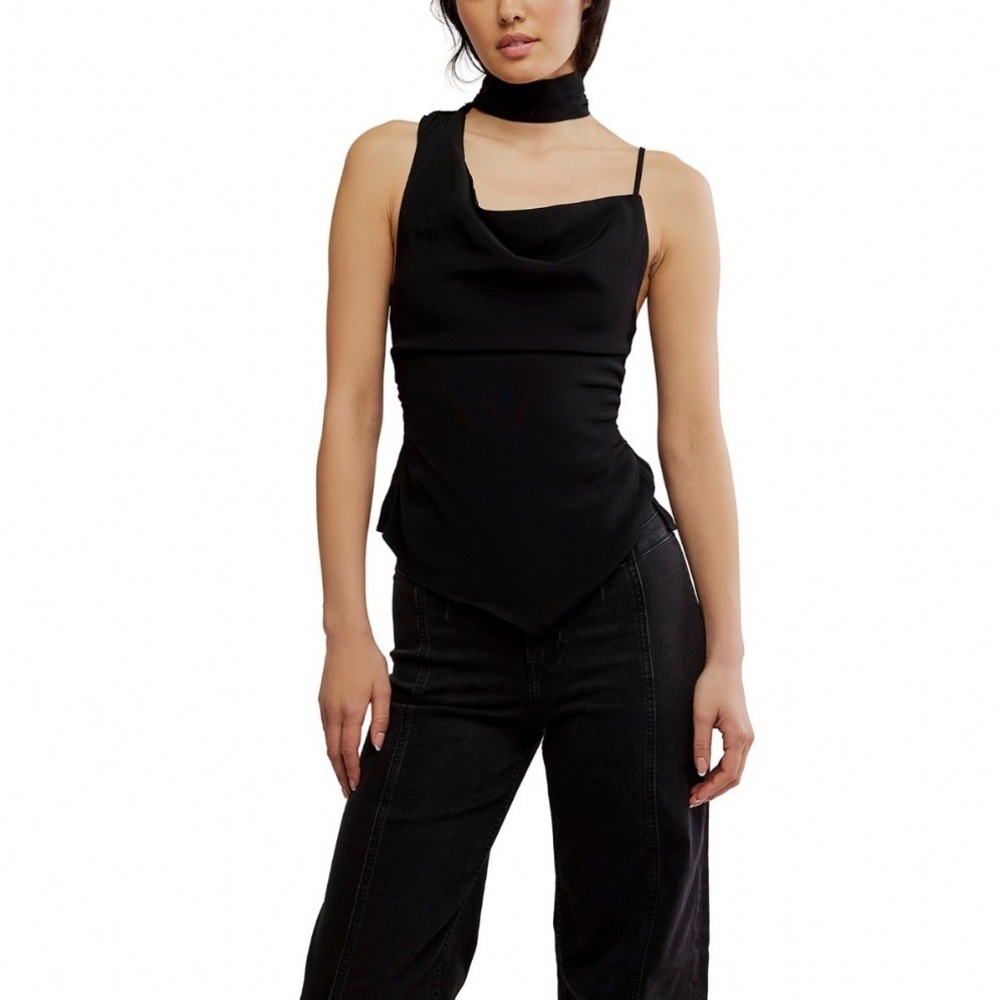 Free People True To You Tank Top Black Asymmetric Cowl Choker Neck Medium NEW
